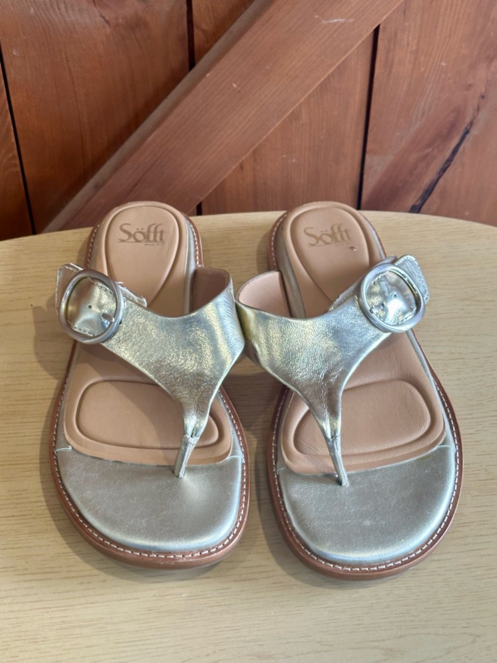 Sofft Metallic gold Slide Sandals with Tan Footbed
